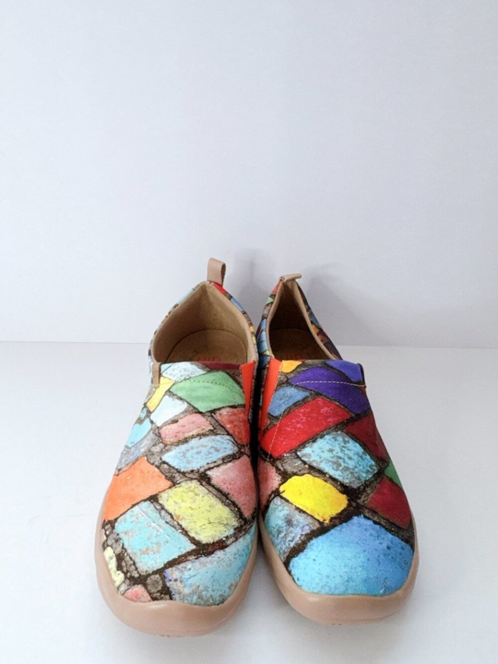 Women’s Size 10.5 UIN Colorful Mosaic Collage Art Slip-On Shoes